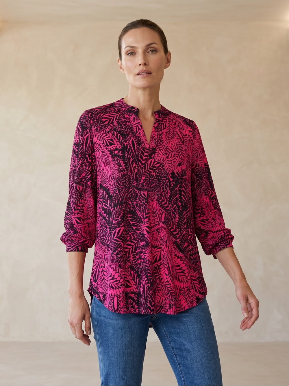 Dear Scarlett Brighten Up Your Wardrobe Vibrant Pink & Black Leaf Print Blouse